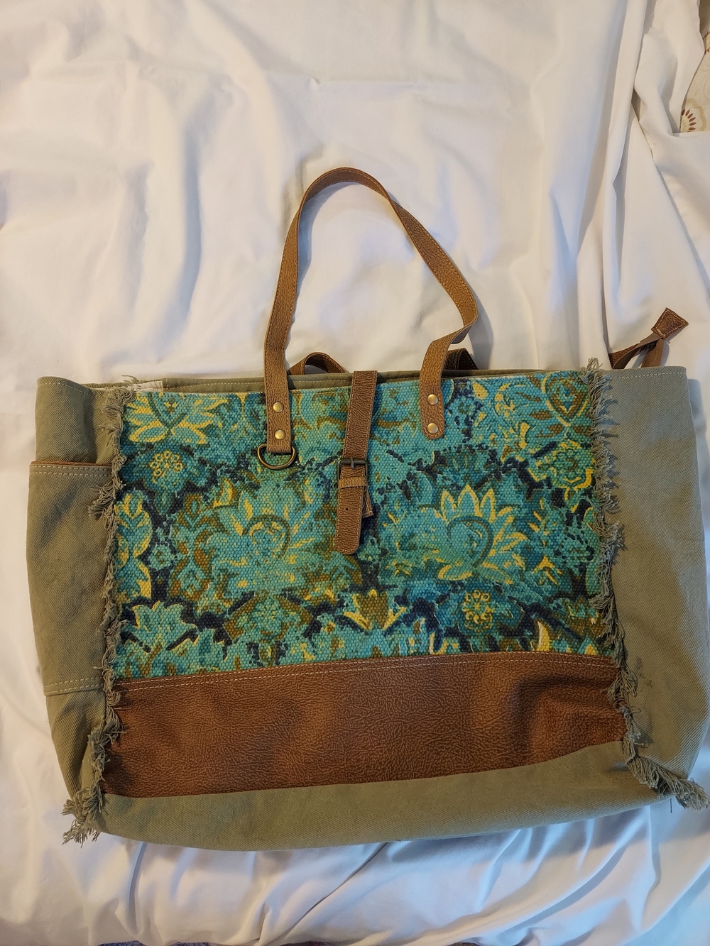 Myra Bag Aqua Magic Weekender Tote Bag Canvas Leather Rug Boho S-2039